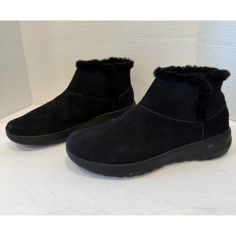 Skechers On-the-GO Joy Bundle Up Black Suede Faux Fur‎ Pull On Boots Sz 11
